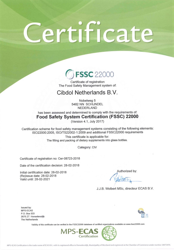 Cibdol quality FSSC certificate